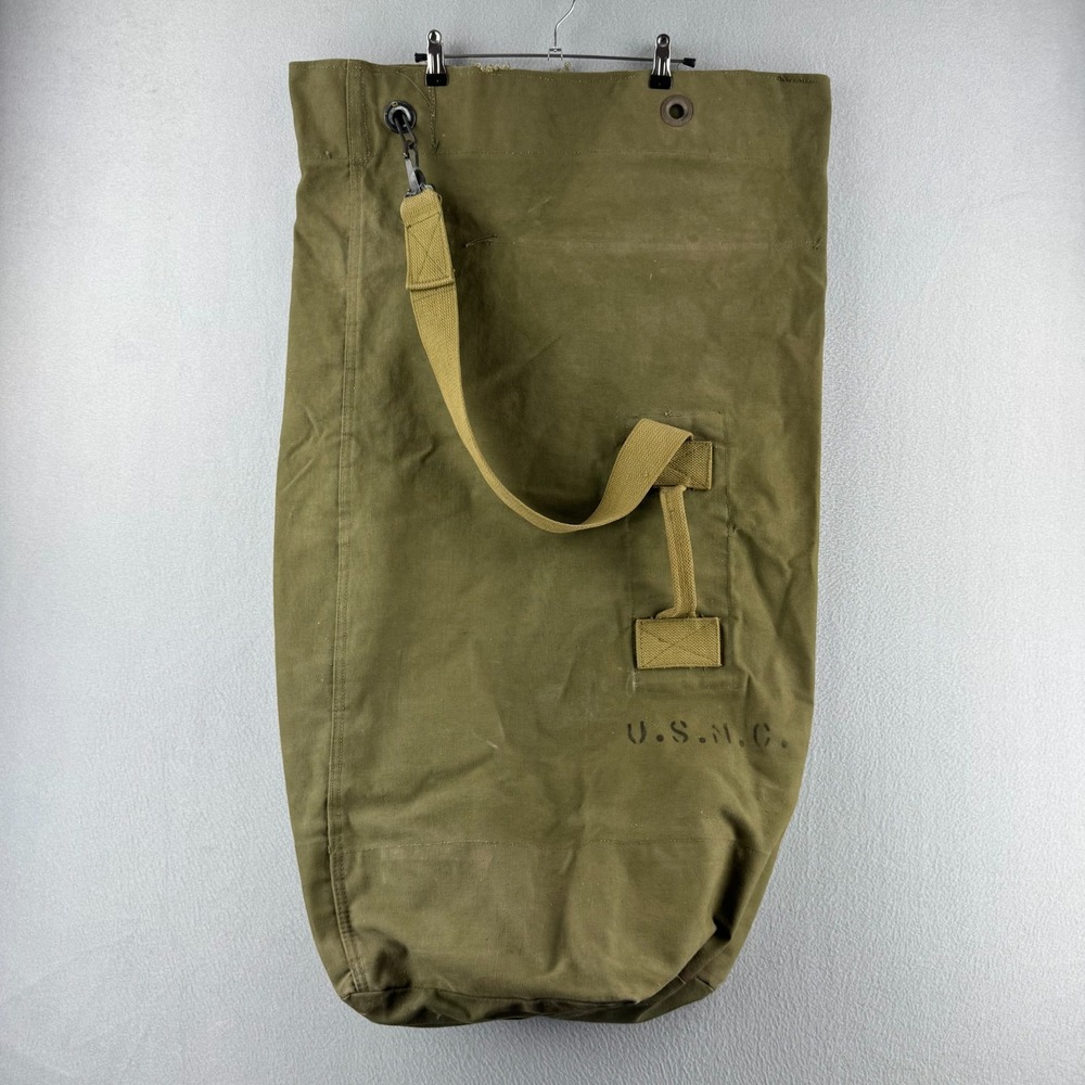 Vintage 40s 50s Duffel Bag Military OD Green Heavy Canvas USMC Marines